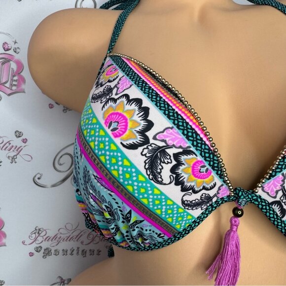 Shade & shore bikini top paisley print tassle bright dotted gold beads 34DD boho - Picture 5 of 13